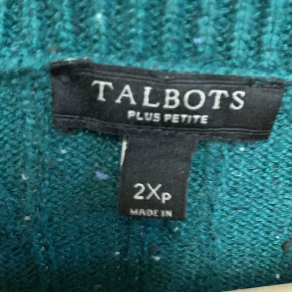 Talbots Green Tweed Cotton Blend Cable Knit Crewneck Button Cuff Sweater Sz 2XP - Picture 6 of 12